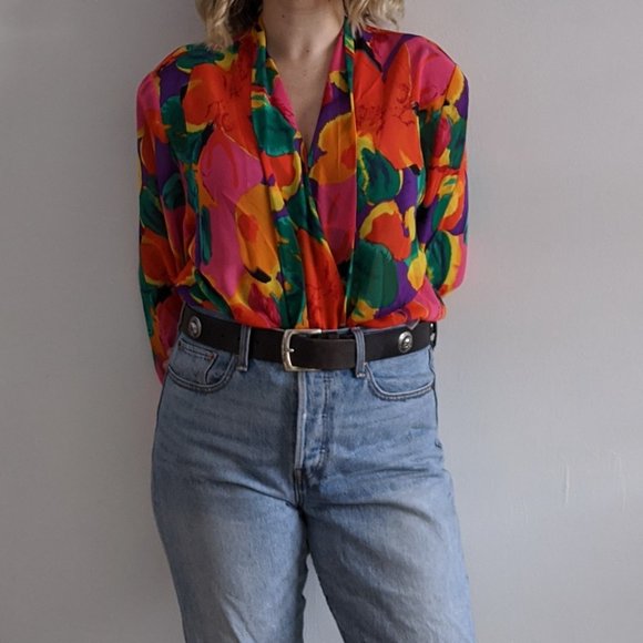 1980’s Vibrant Sheer Floral Frilly Wrap Blouse